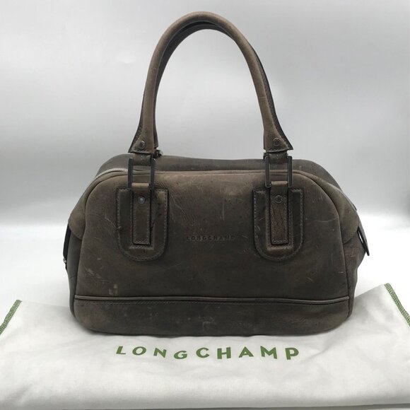 Longchamp Grey Distressed Leather Cosmo Satchel Bag - Picture 3 of 11